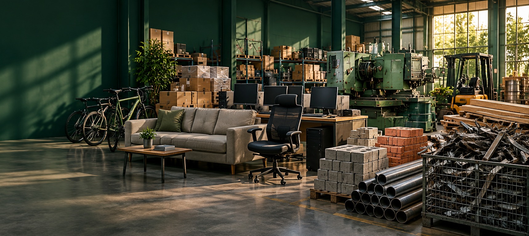 Assorted business surplus items available on Zineedo, staged together in a warehouse — a sofa and office chair, a bicycle, desktop computers, stacked packaging boxes and pallets, industrial machinery, construction materials like bricks and blocks, metal pipes, and scrap metal